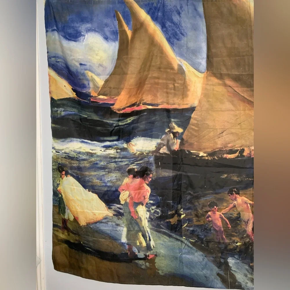 Impressionist Coastal Art Shower Curtain Sail Boats Ocean Beach Scene 71x71